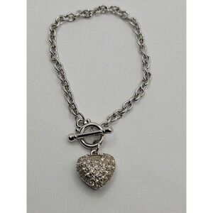 NEW Designer Inspired Chain Toggle Crystal Heart Charm Bracelet Silver-tone